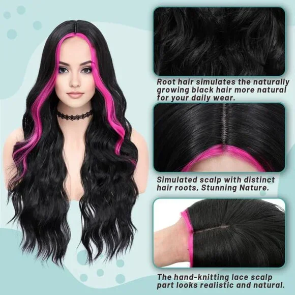 [26 INCH] Hot Pink Highlight Wig - Picture 3 of 5
